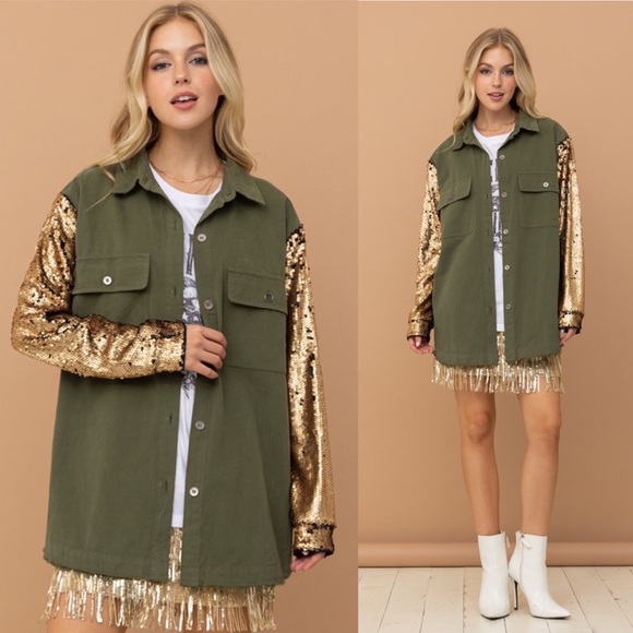 Jackets & Blazers - You’ve Got That Spark Gold Sequin Olive Utility Jacket